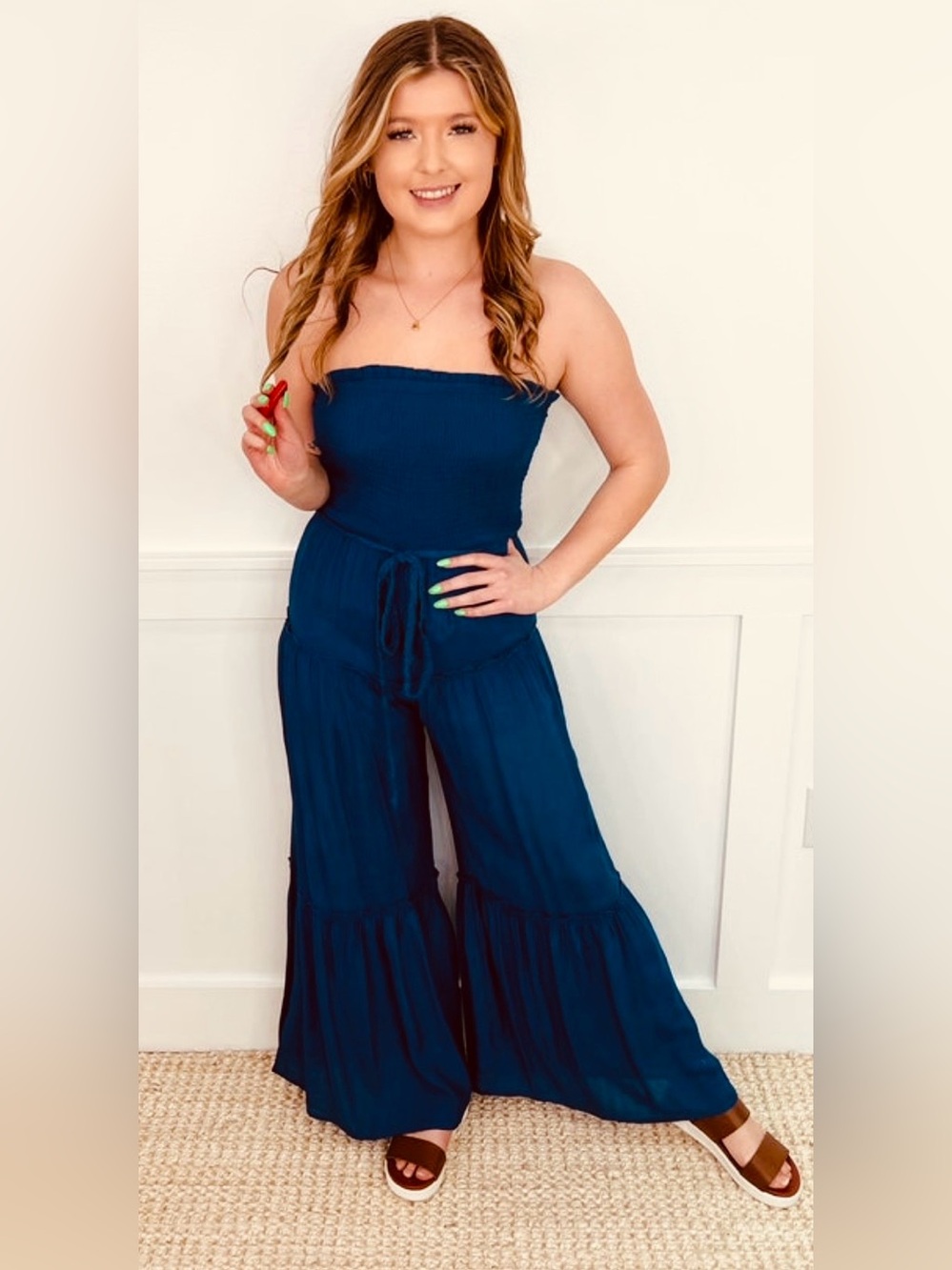 Love Tree Navy Strapless Smocked Wide-Leg Jumpsuit